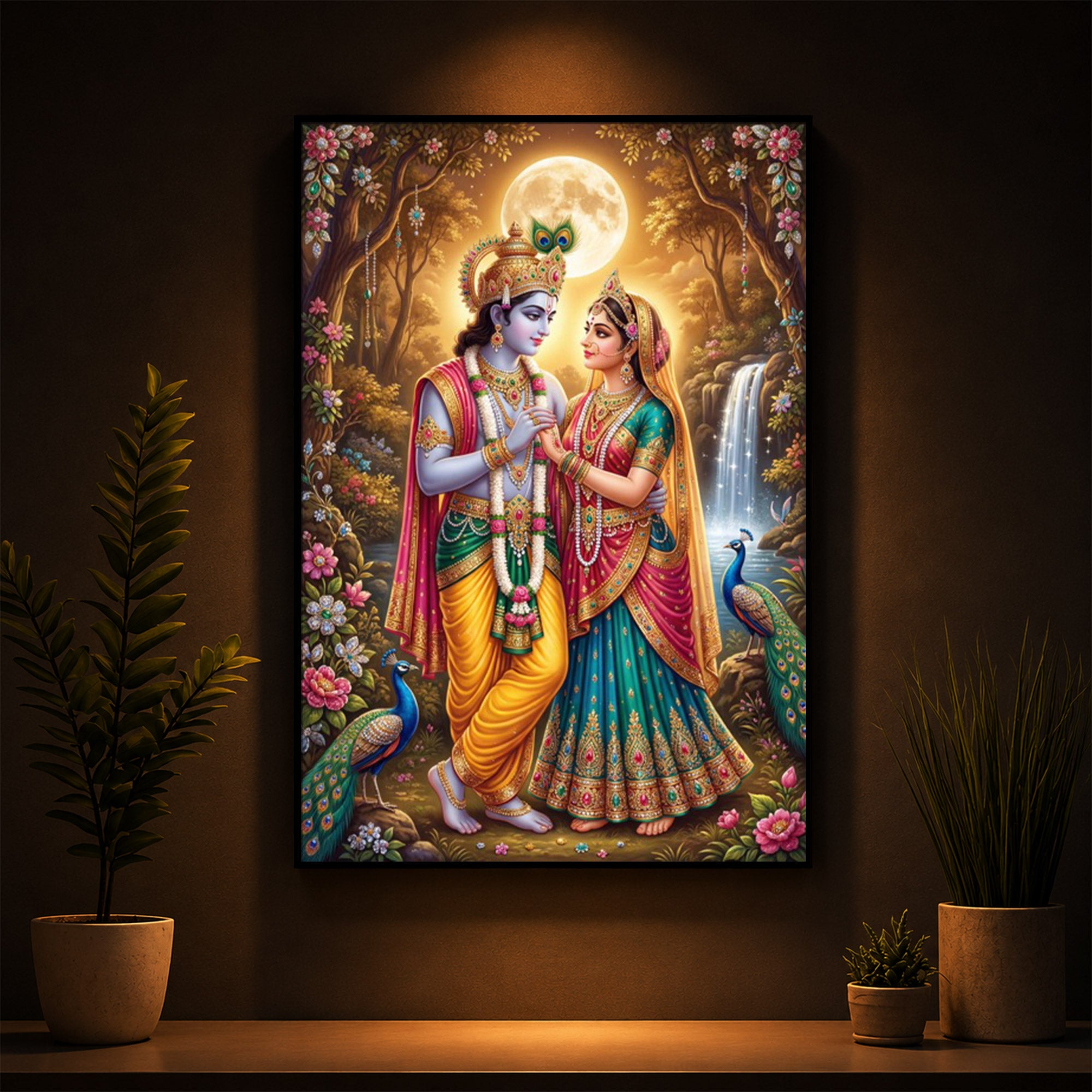 Radha Krishna in Vrindavan Garden Modern Luxury Backlight Vertical Wall Art