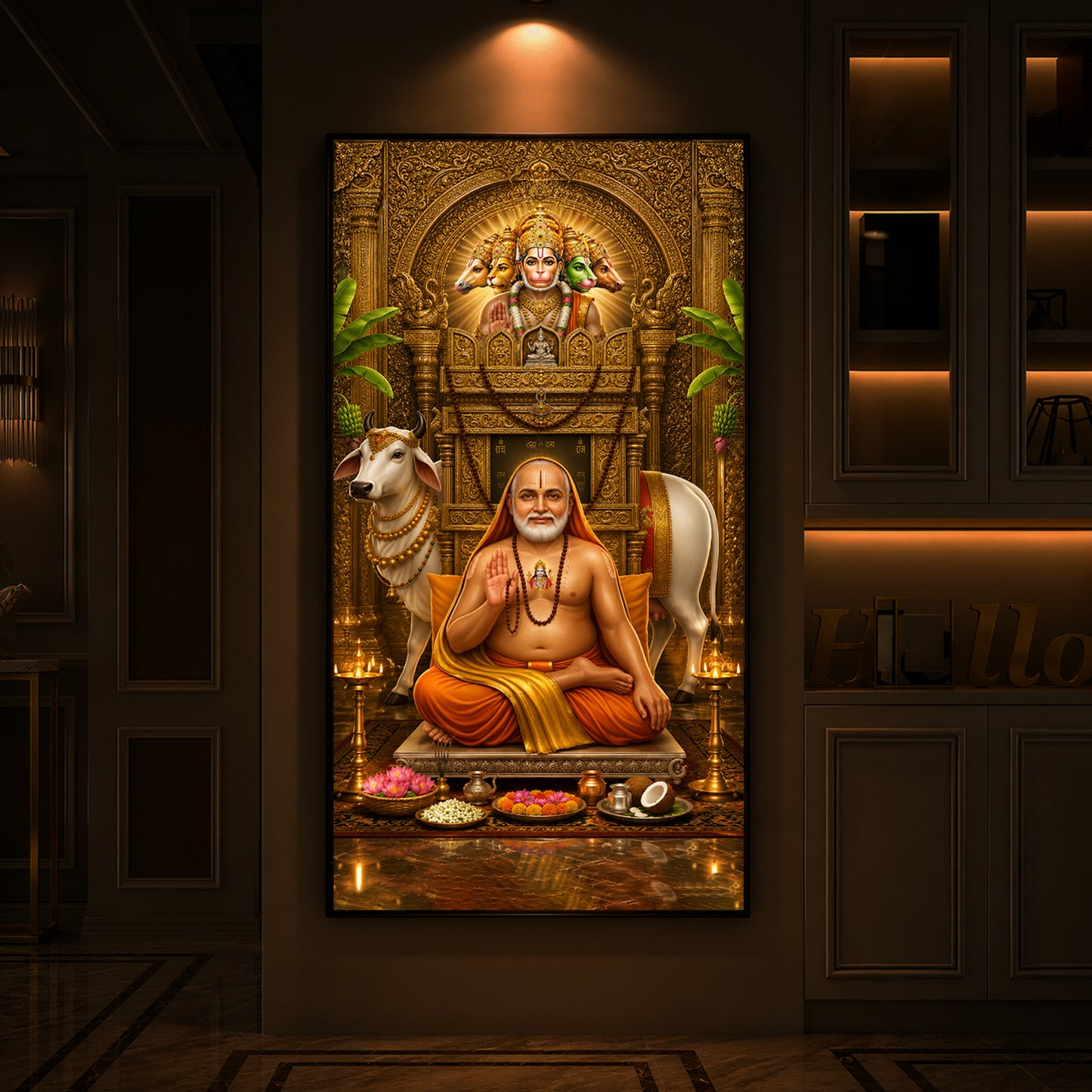 Sri Raghavendra Swamy With Cow Modern Luxury Backlight Vertical Wall Art