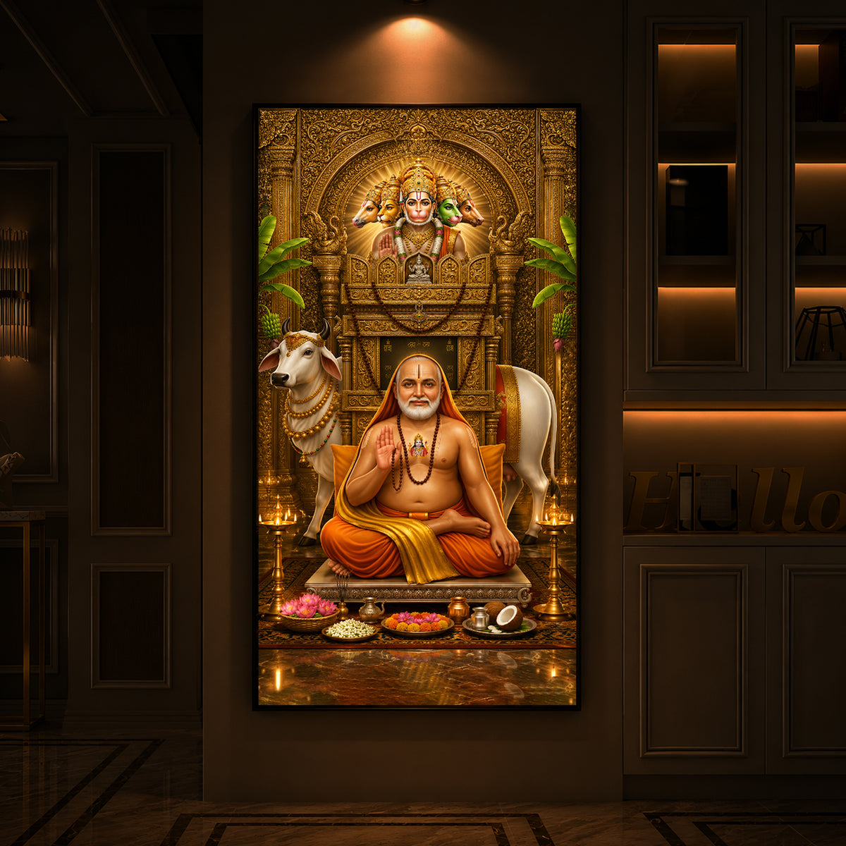 Sri Raghavendra Swamy With Cow Modern Luxury Backlight Vertical Wall Art