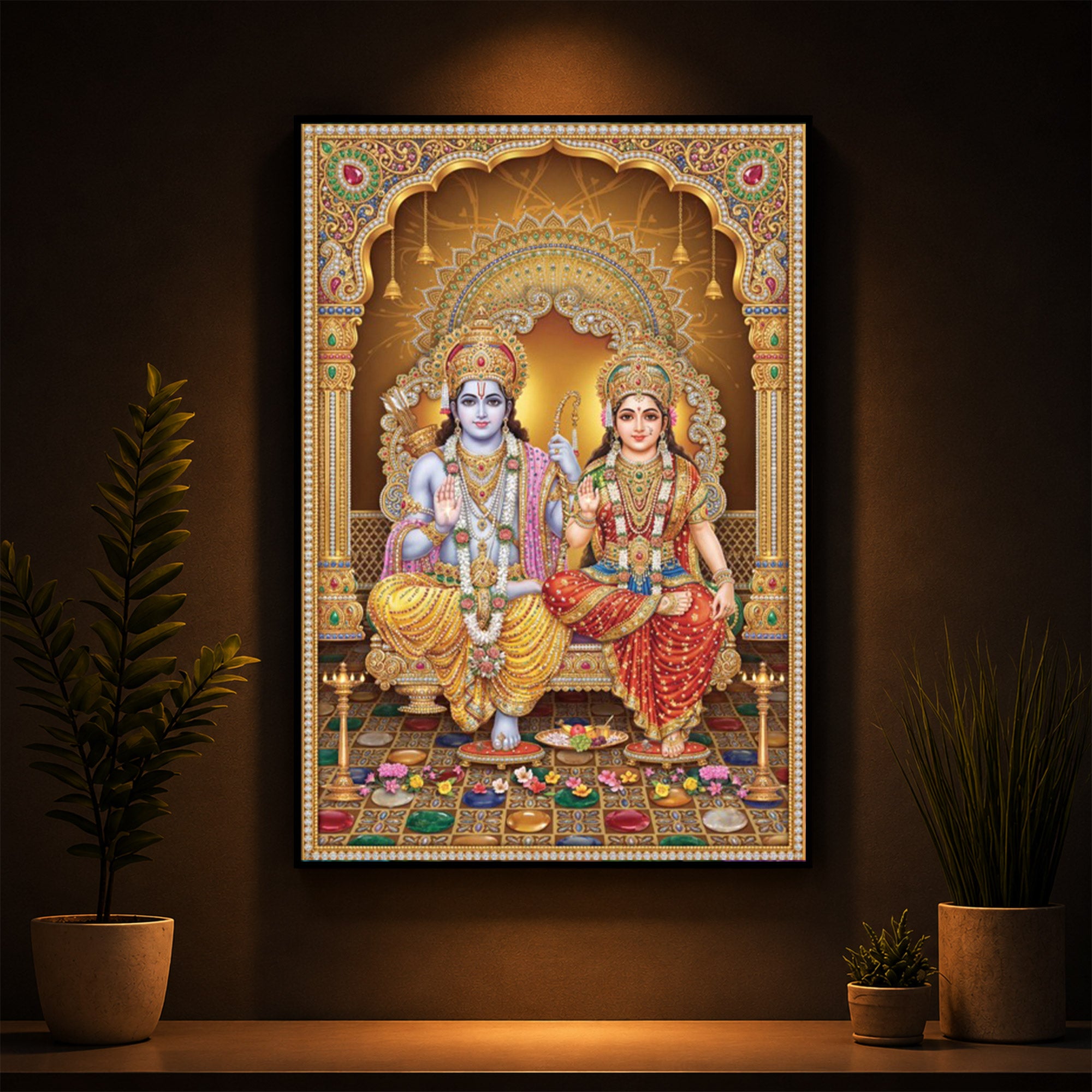 Lord Rama and Goddess Sita Modern Luxury Backlight Vertical Wall Art