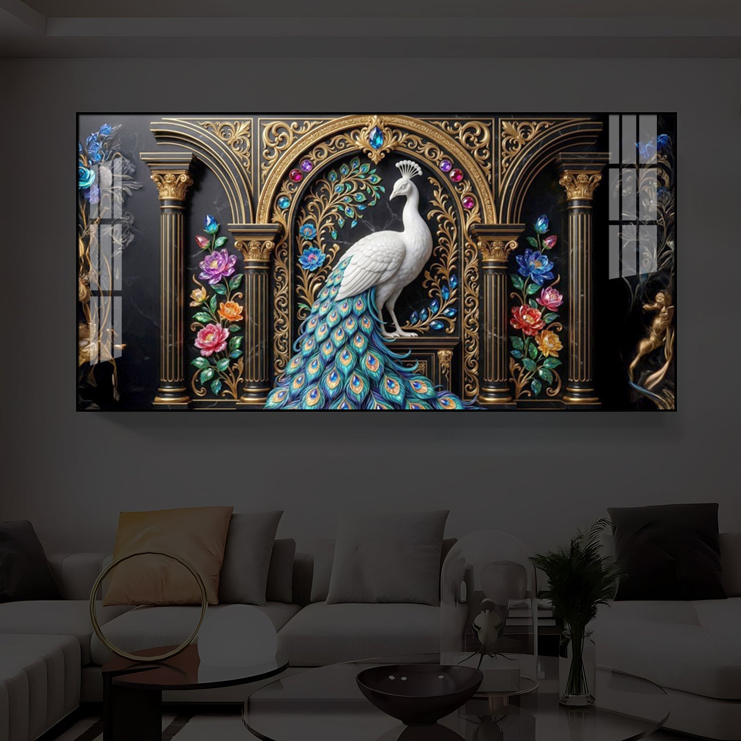 White Peacock Against A Dark Modern Luxury Backlight Horizontal Wall Art
