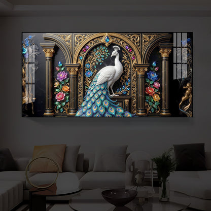 White Peacock Against A Dark Modern Luxury Backlight Horizontal Wall Art