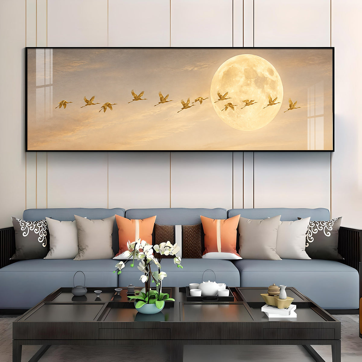 Golden Flying Cranes Full Moon Premium Acrylic Horizontal Wall Art