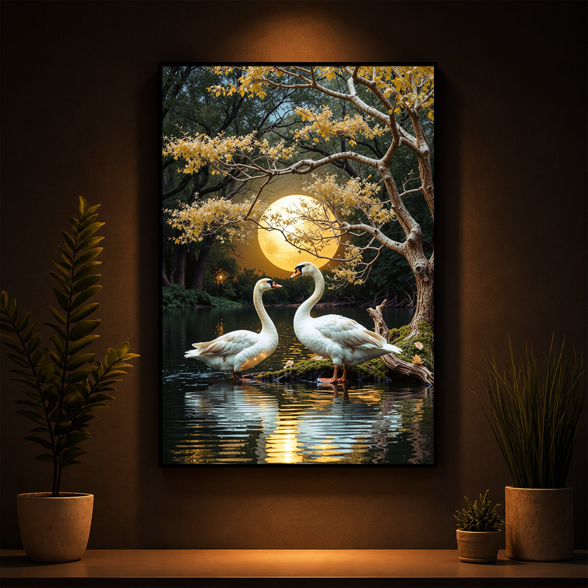 Couple Swan Modern Luxury Backlight Vertical Wall Art