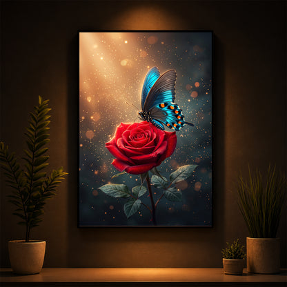 Enchanted Red Rose & Blue Butterfly Modern Luxury Backlight Vertical Wall Art