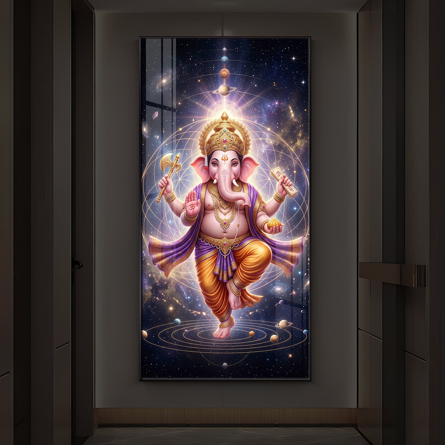 Shree Ganesha's Celestial Embrace Modern Luxury Backlight Vertical Wall Art