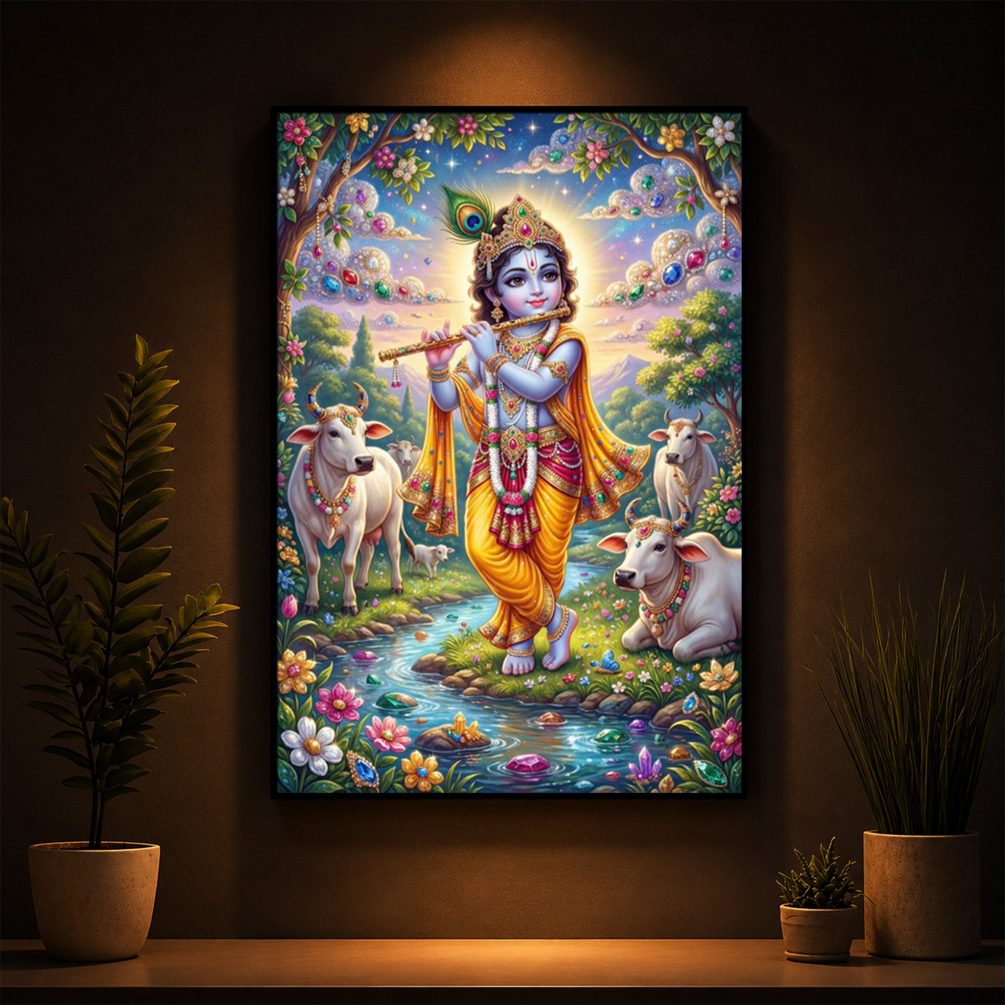 Little Kanha With Cow Modern Luxury Backlight Vertical Wall Art
