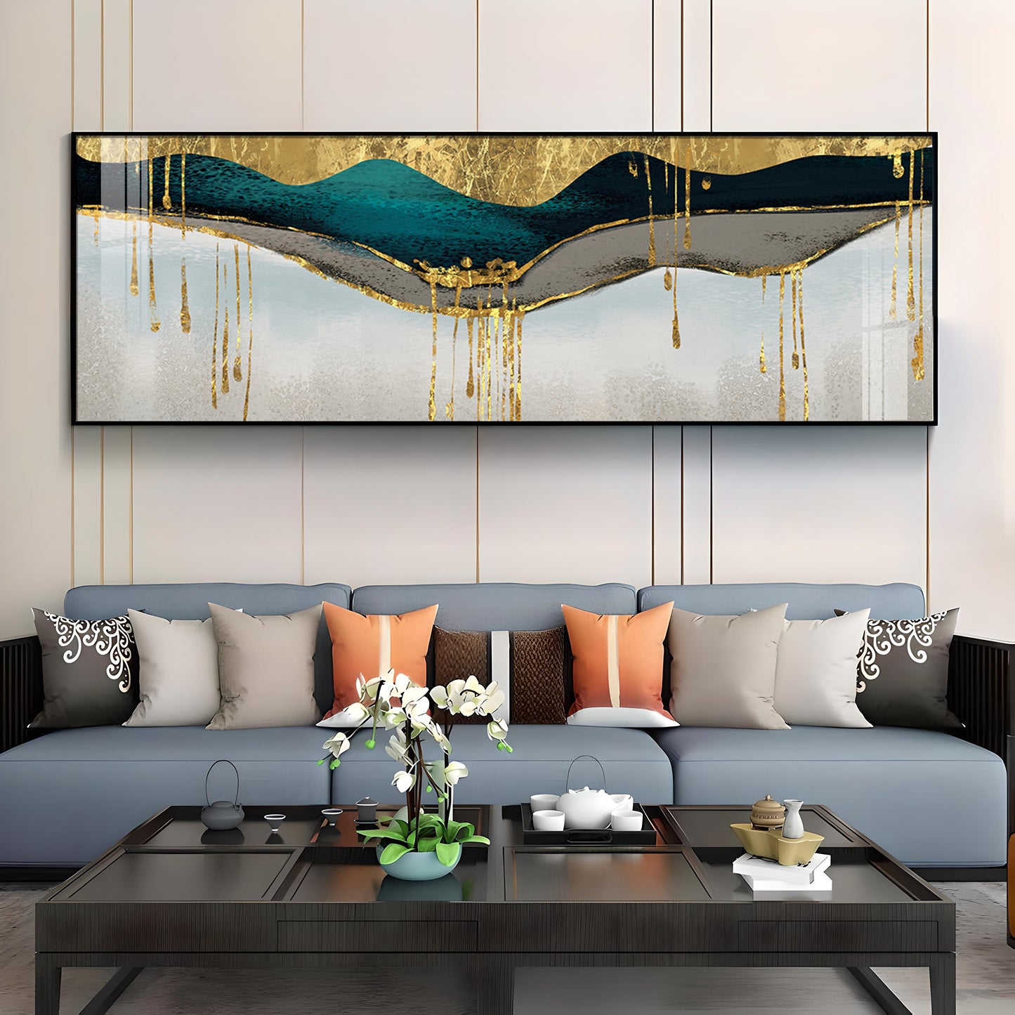 Golden Geomorphic Abstract Premium Acrylic Horizontal Wall Art