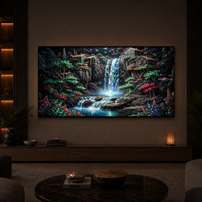 Lush Mountain Waterfall Modern Luxury Backlight Horizontal Wall Art