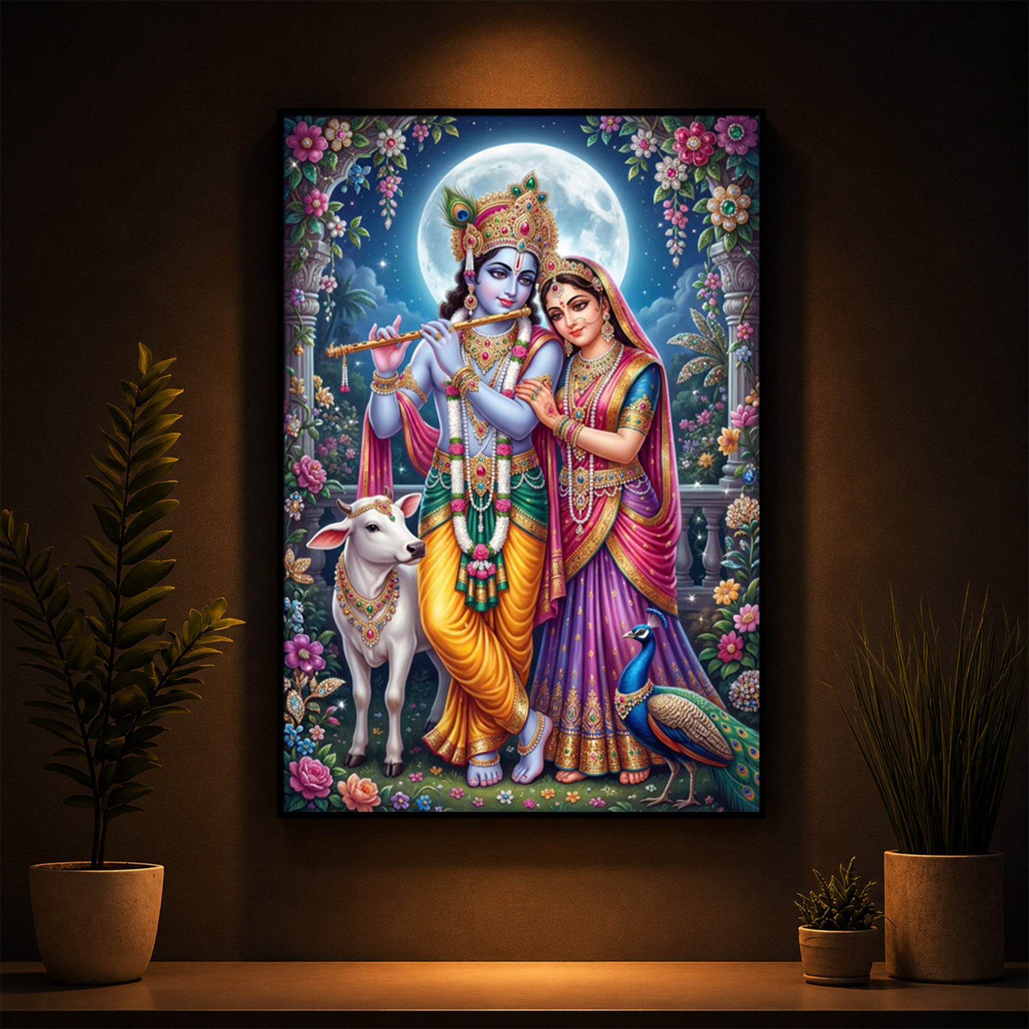 Moonlit Radha Krishna Leela Modern Luxury Backlight Vertical Wall Art