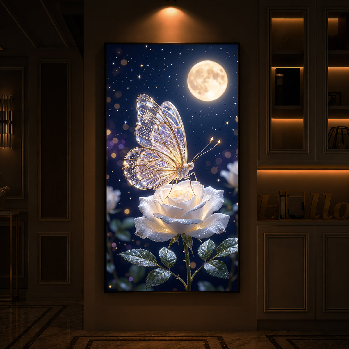 Butterfly On White Rose Modern Luxury Backlight Vertical Wall Art