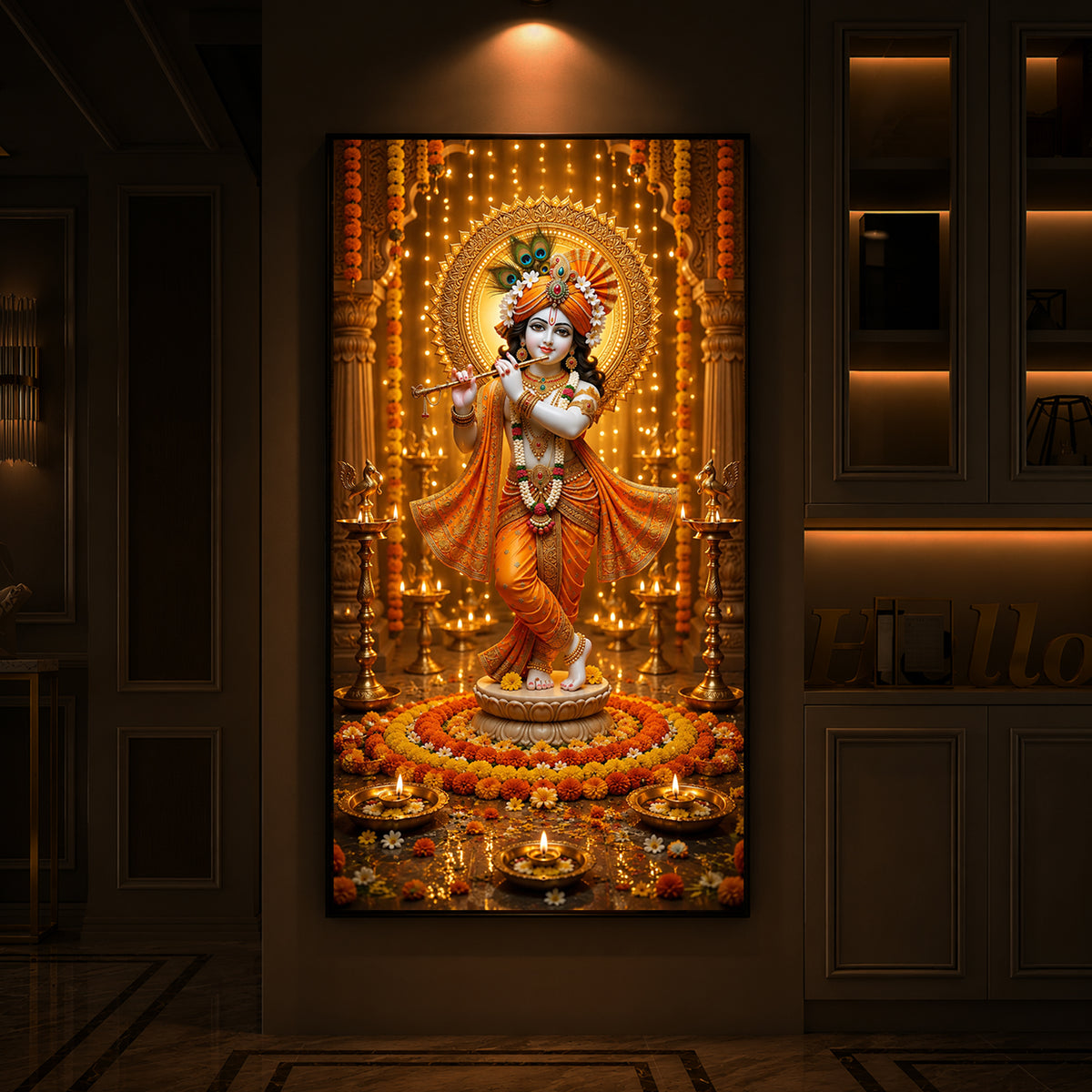Beautiful Divine Krishna With Flute Modern Luxury Backlight Vertical Wall Art