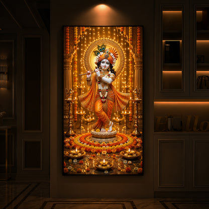 Beautiful Divine Krishna With Flute Modern Luxury Backlight Vertical Wall Art