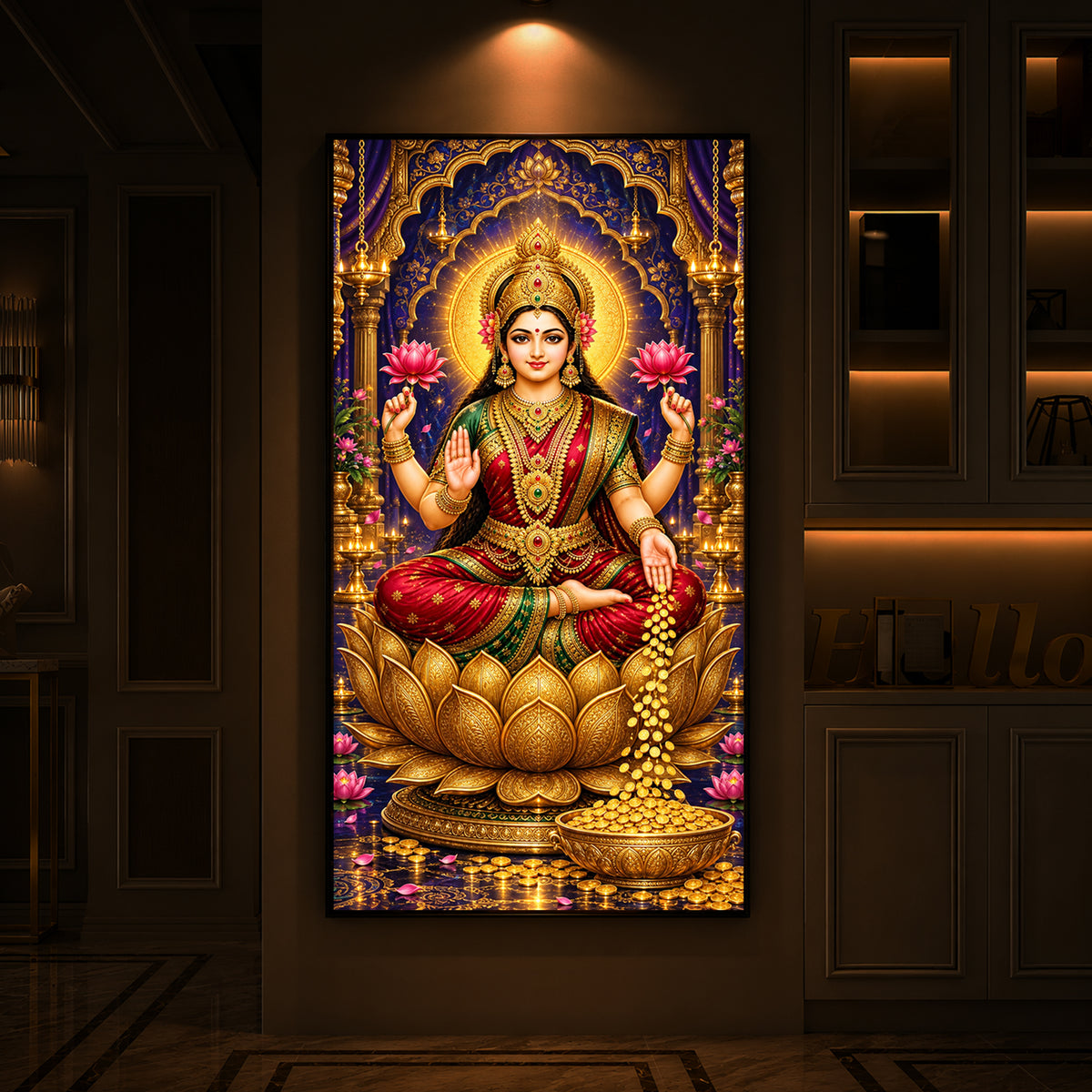 Goddess Maa Laxmi Modern Luxury Backlight Vertical Wall Art