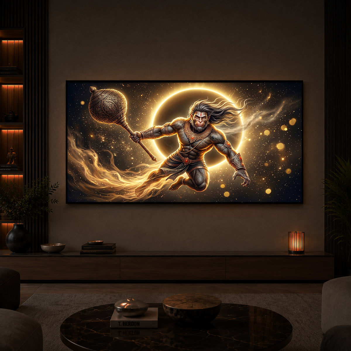 Lord Hanuman With Gada Modern Luxury Backlight Horizontal Wall Art