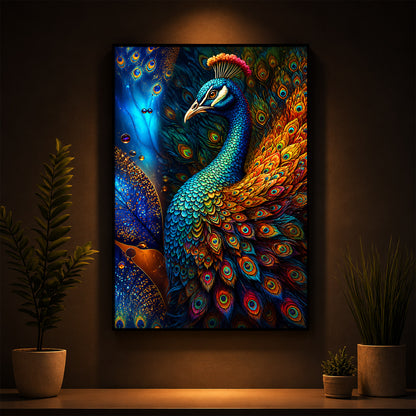 Majestic Regal Peacock Feathers Modern Luxury Backlight Vertical Wall Art