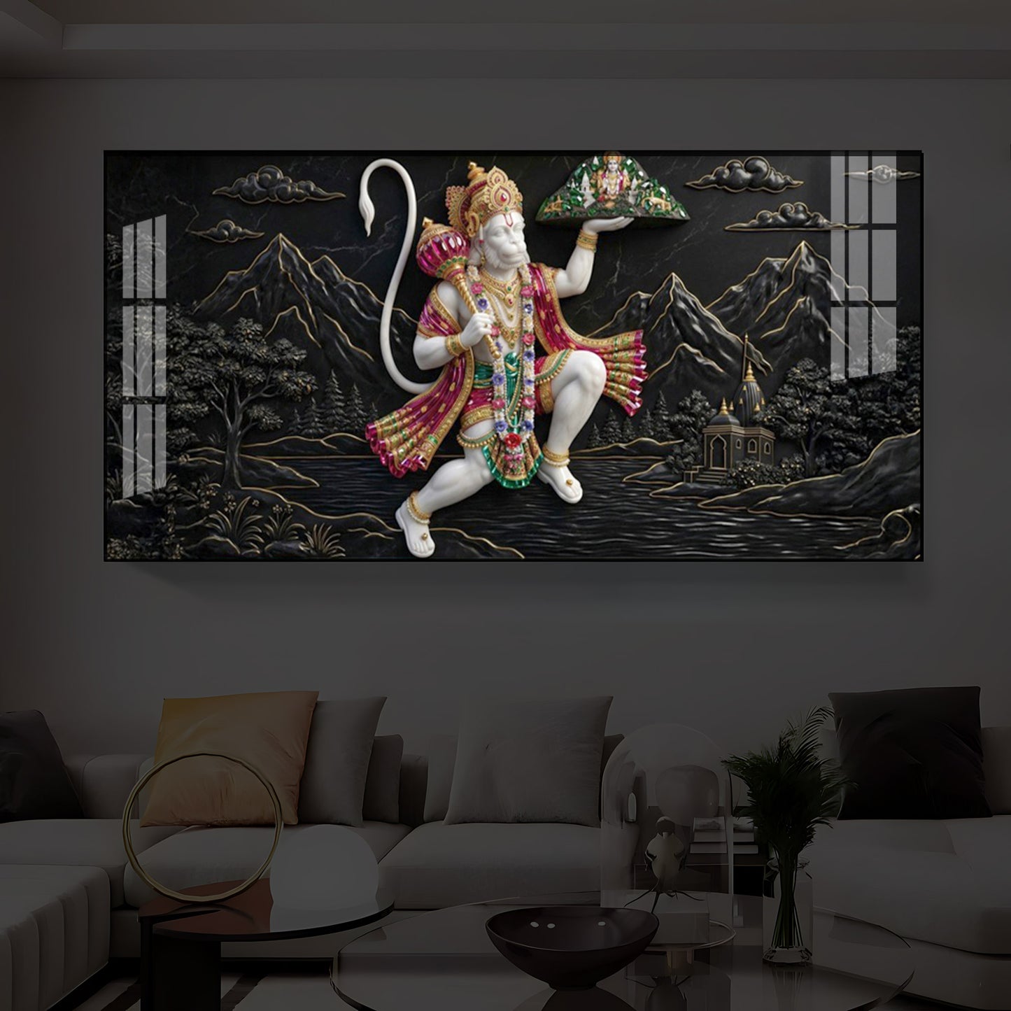 Lord Hanuman Carrying Sanjeevani Mountain Modern Luxury Backlight Horizontal Wall Art
