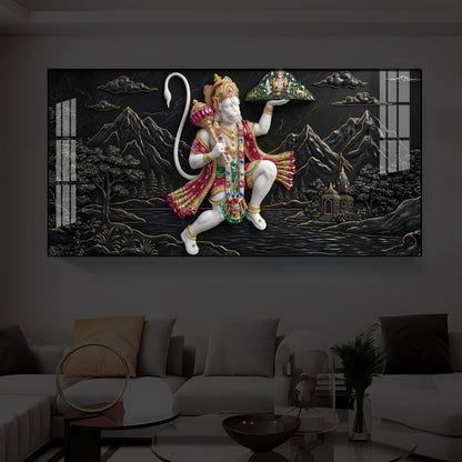 Lord Hanuman Carrying Sanjeevani Mountain Modern Luxury Backlight Horizontal Wall Art