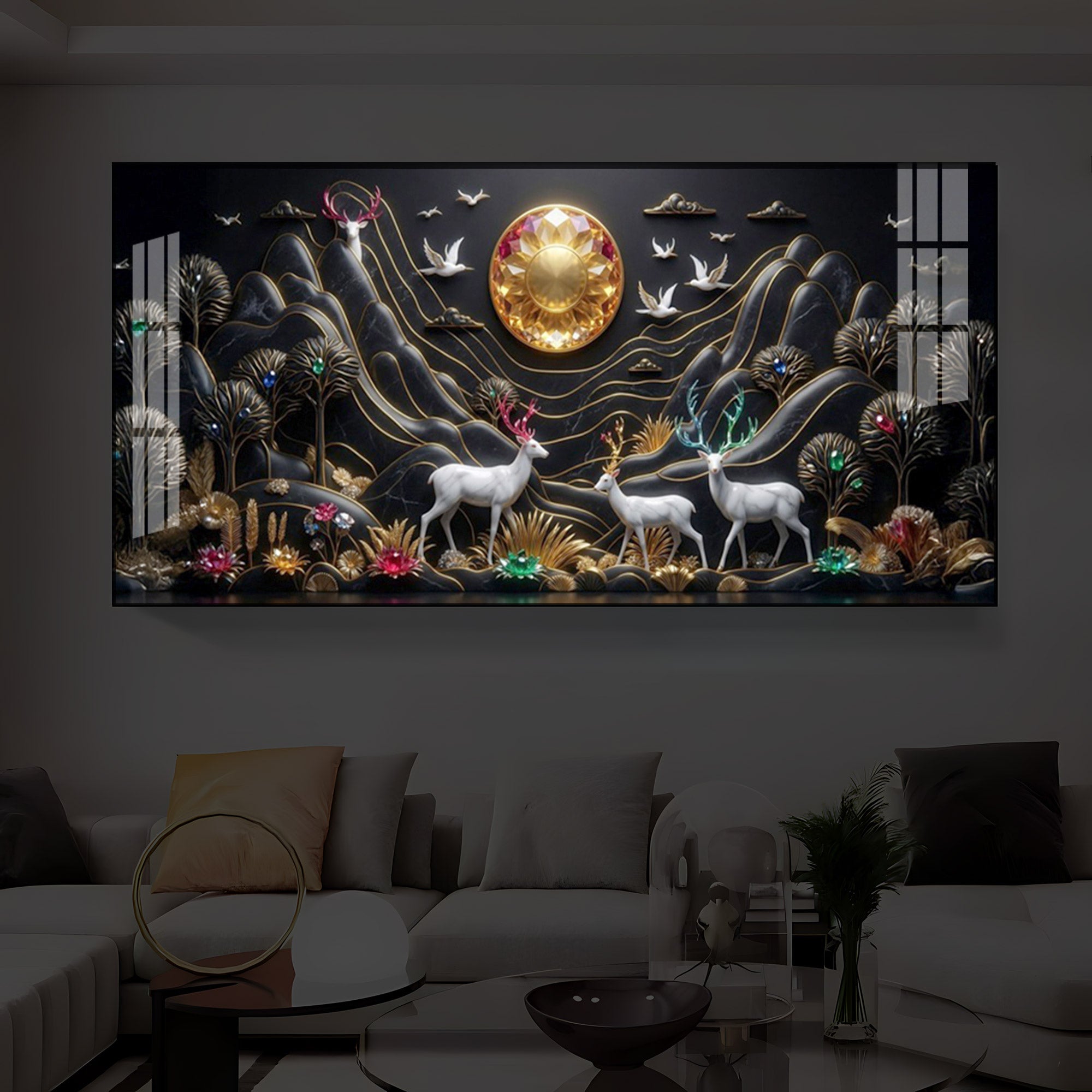 White Deer With Family Modern Luxury Backlight Horizontal Wall Art