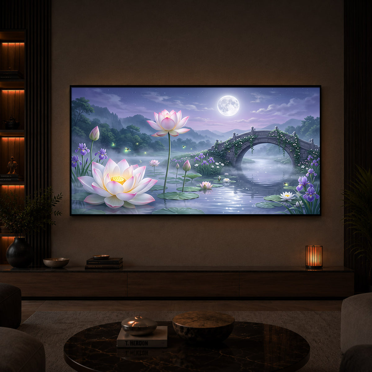 Moonlit Lotus Bridge Modern Luxury Backlight Horizontal Wall Art