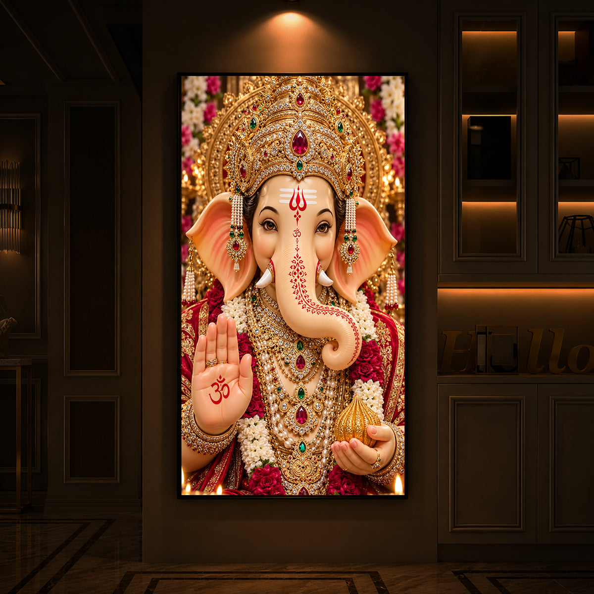 Lord Ganesha Divine Blessings Modern Luxury Backlight Vertical Wall Art