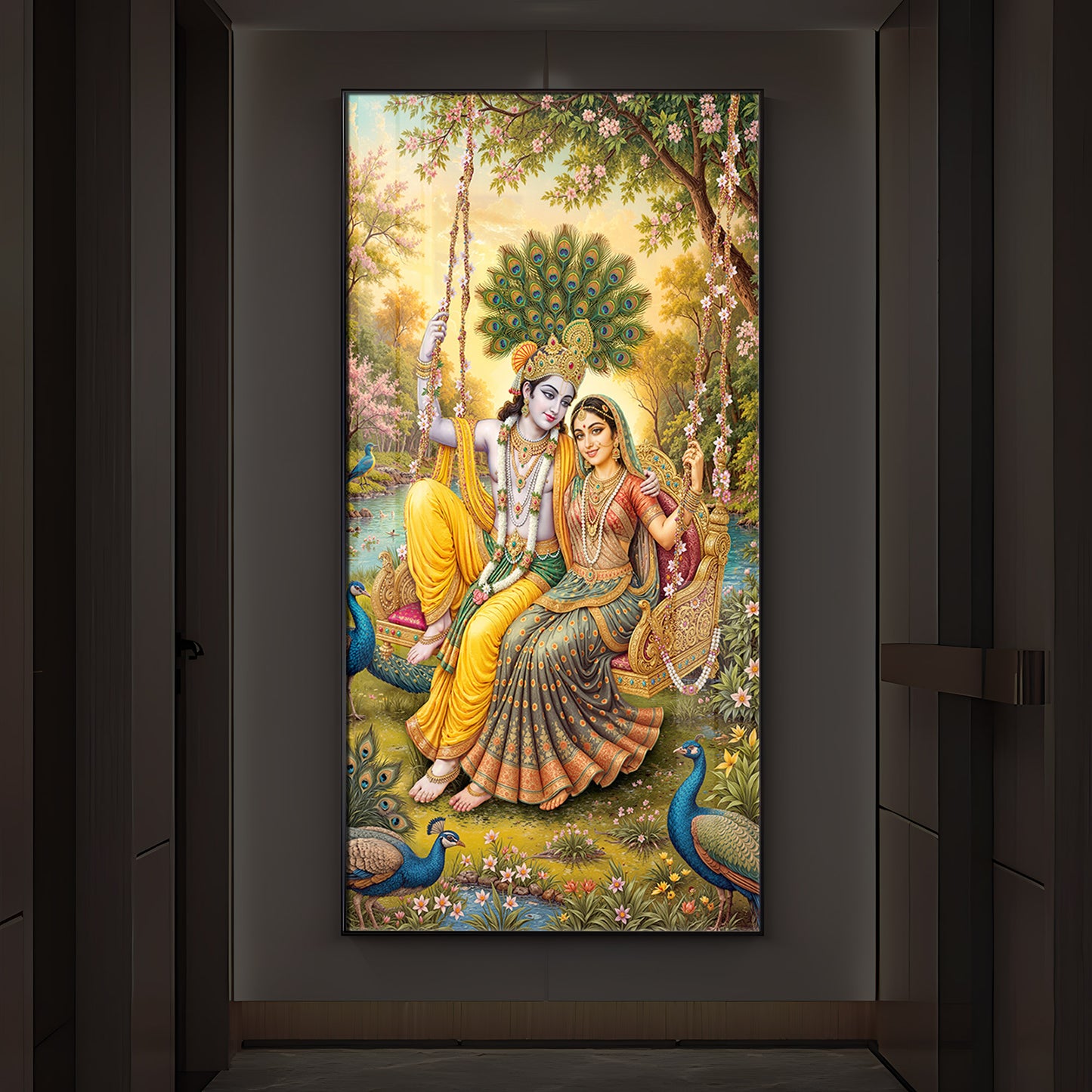 Jai Shri Radha Krishna Modern Luxury Backlight Vertical Wall Art