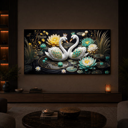 Pair Of White Swans Modern Luxury Backlight Horizontal Wall Art