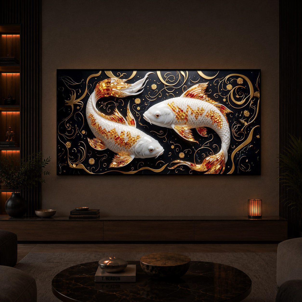 Two Golden Koi Fish Modern Luxury Backlight Horizontal Wall Art