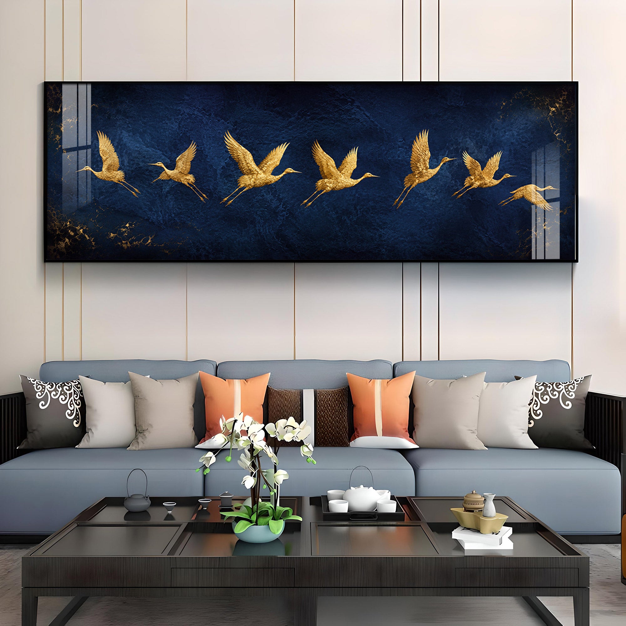 Golden Flying Cranes Dark Blue Premium Acrylic Horizontal Wall Art