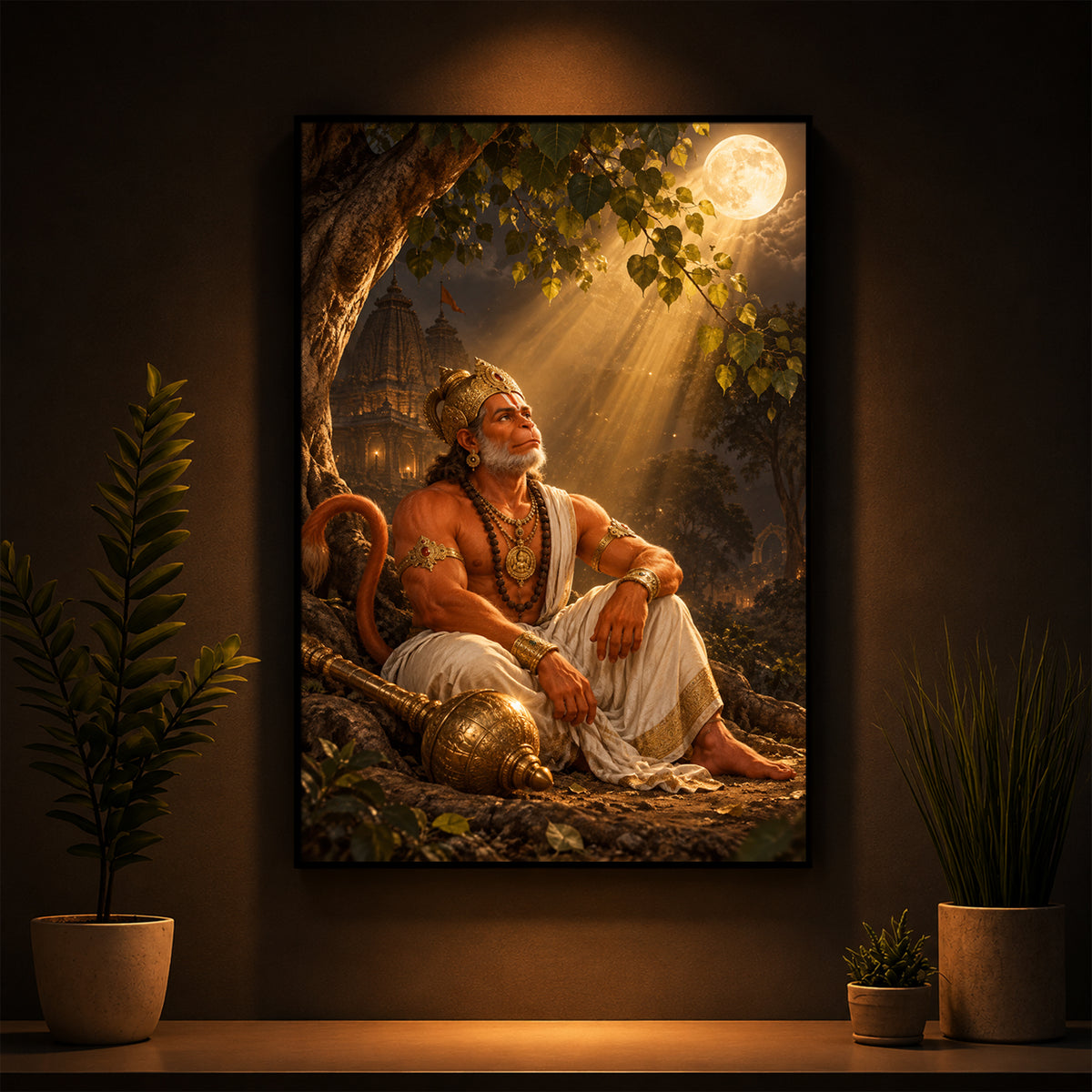 Hanuman Ji Under Tree Modern Luxury Backlight Vertical Wall Art