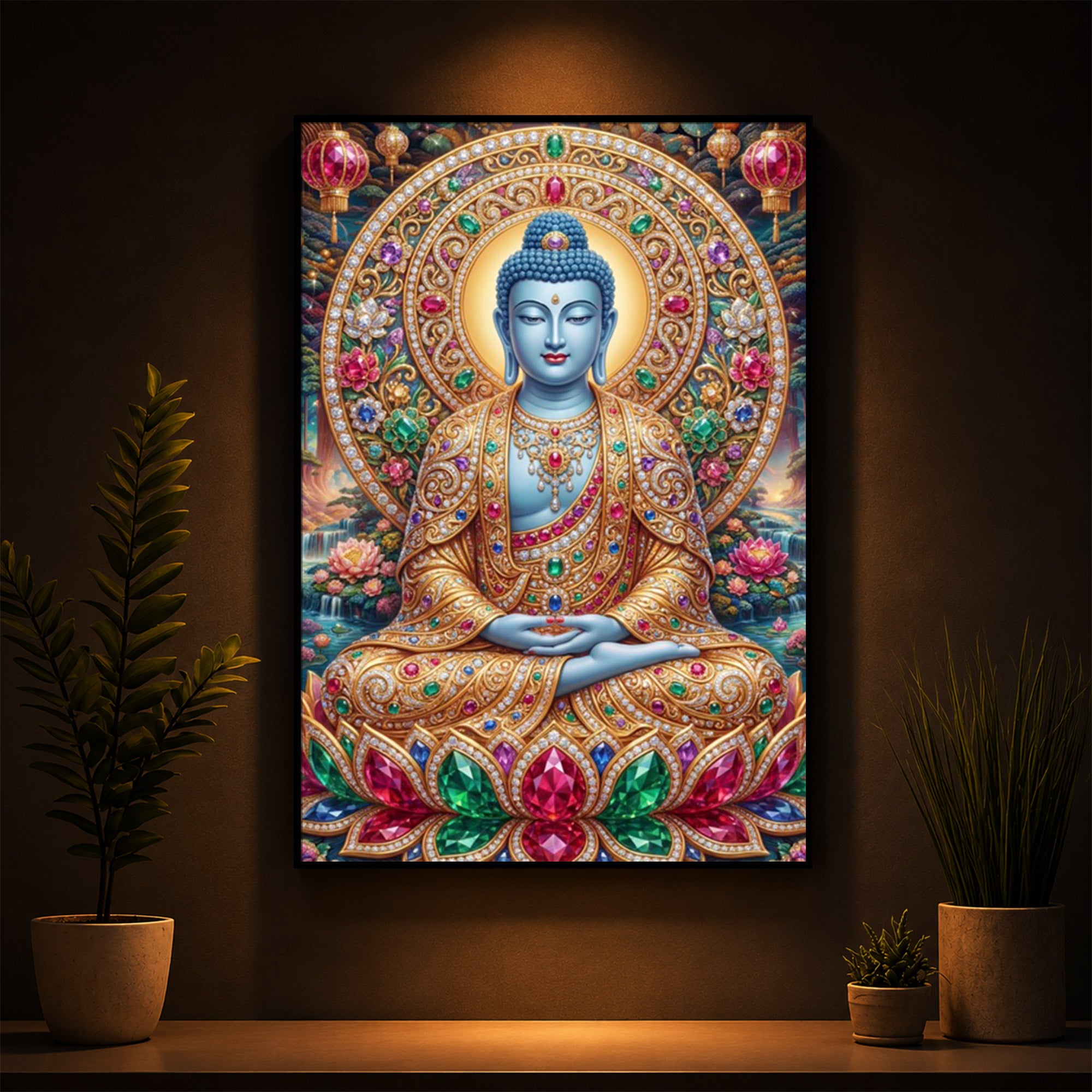 Buddha Blessing Modern Luxury Backlight Vertical Wall Art