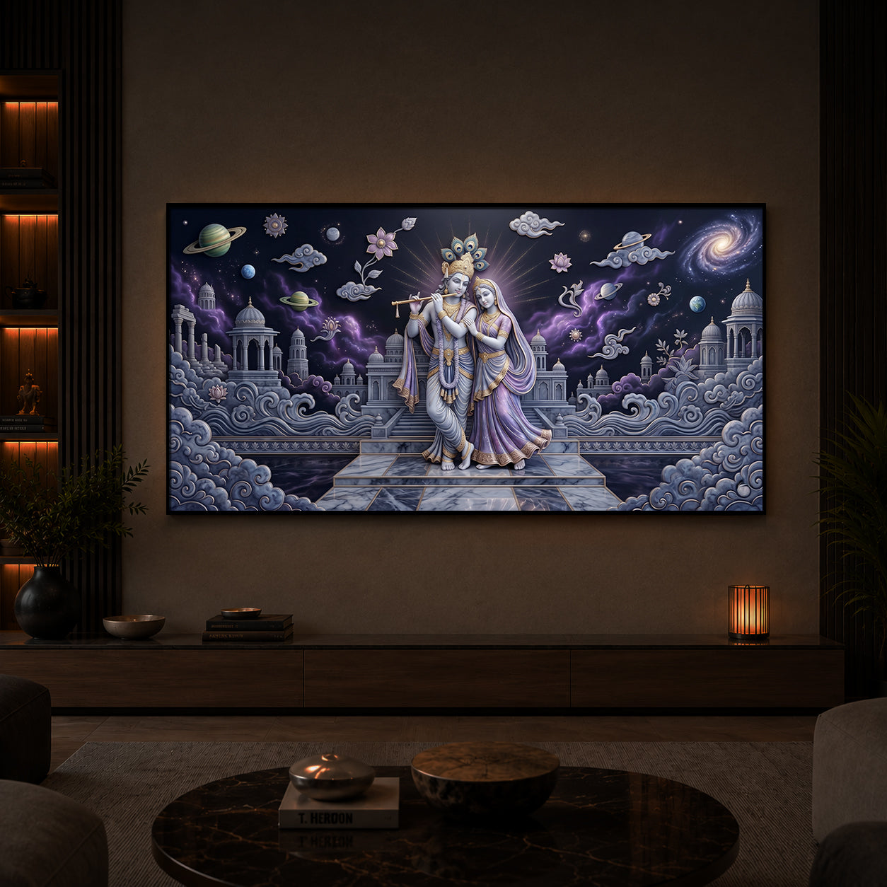 Hindu Deities Shri Radha Krishna Modern Luxury Backlight Horizontal Wall Art