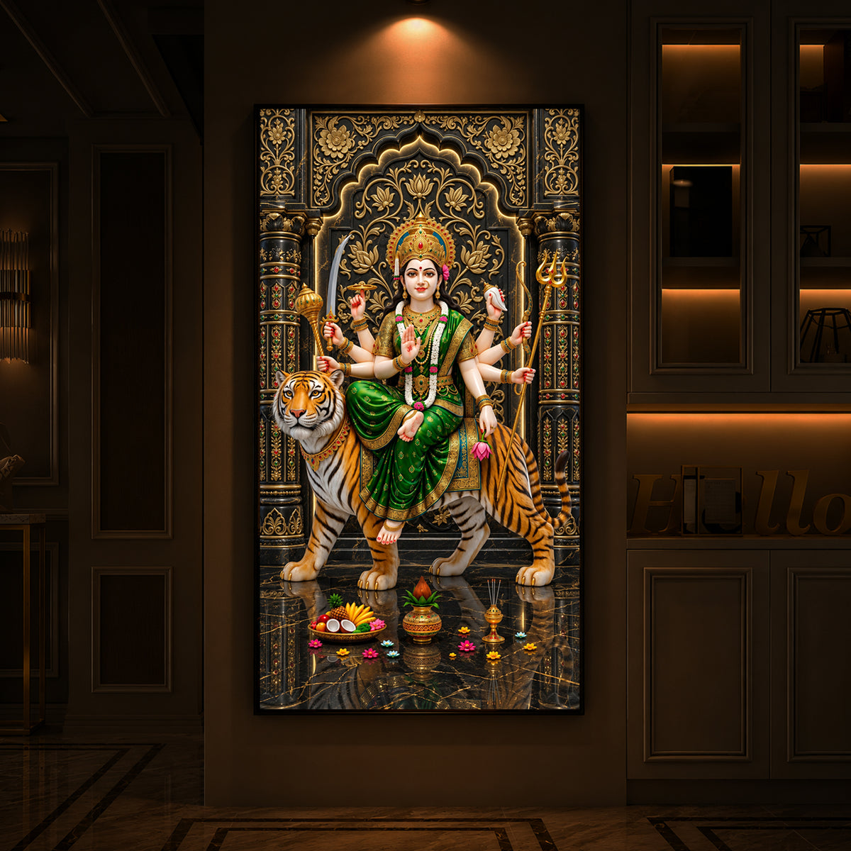 Maa Durga In Green Saree Modern Luxury Backlight Vertical Wall Art