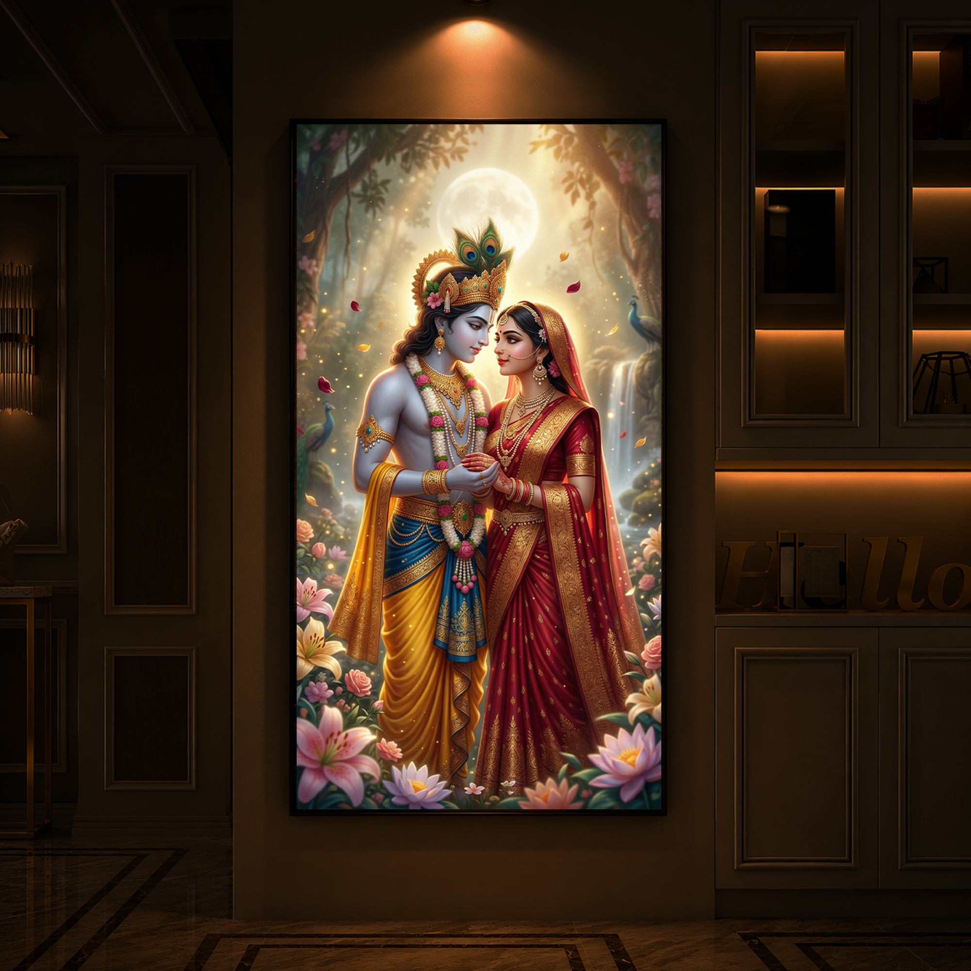 Loving Radha Krishna Ji Modern Luxury Backlight Vertical Wall Art