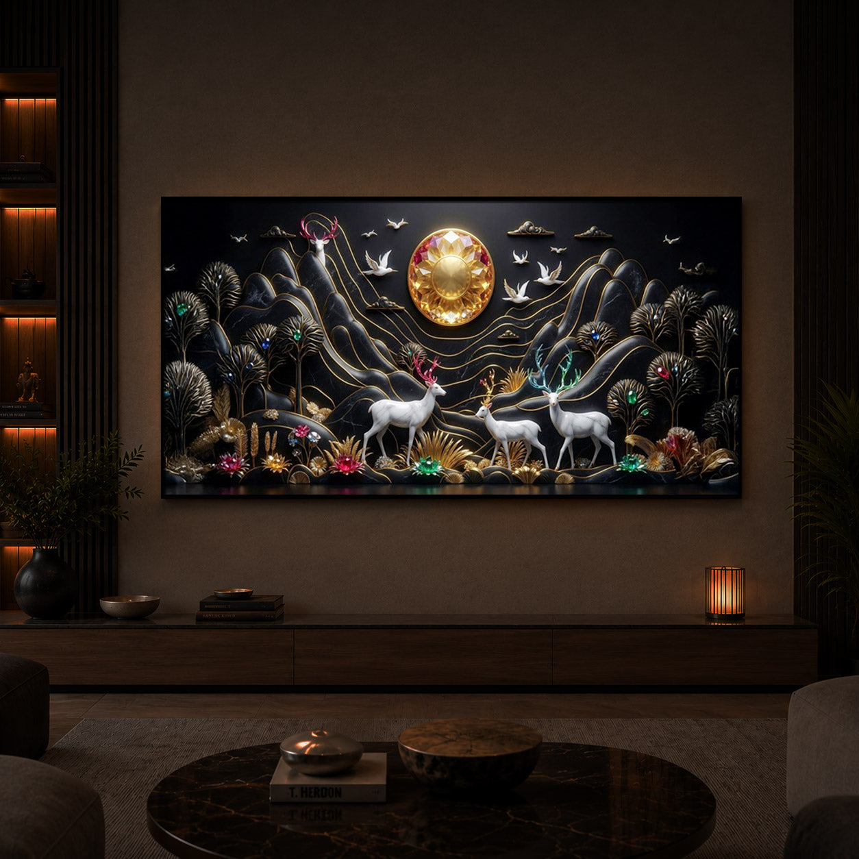 White Deer With Family Modern Luxury Backlight Horizontal Wall Art