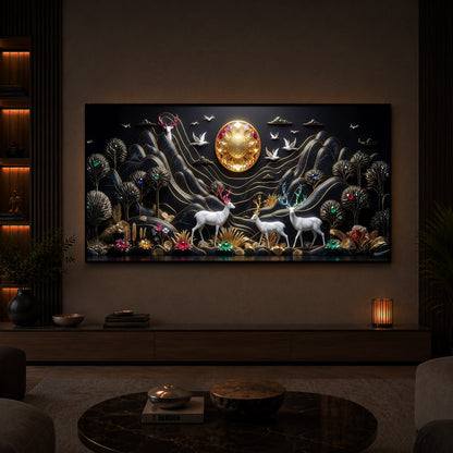 White Deer With Family Modern Luxury Backlight Horizontal Wall Art