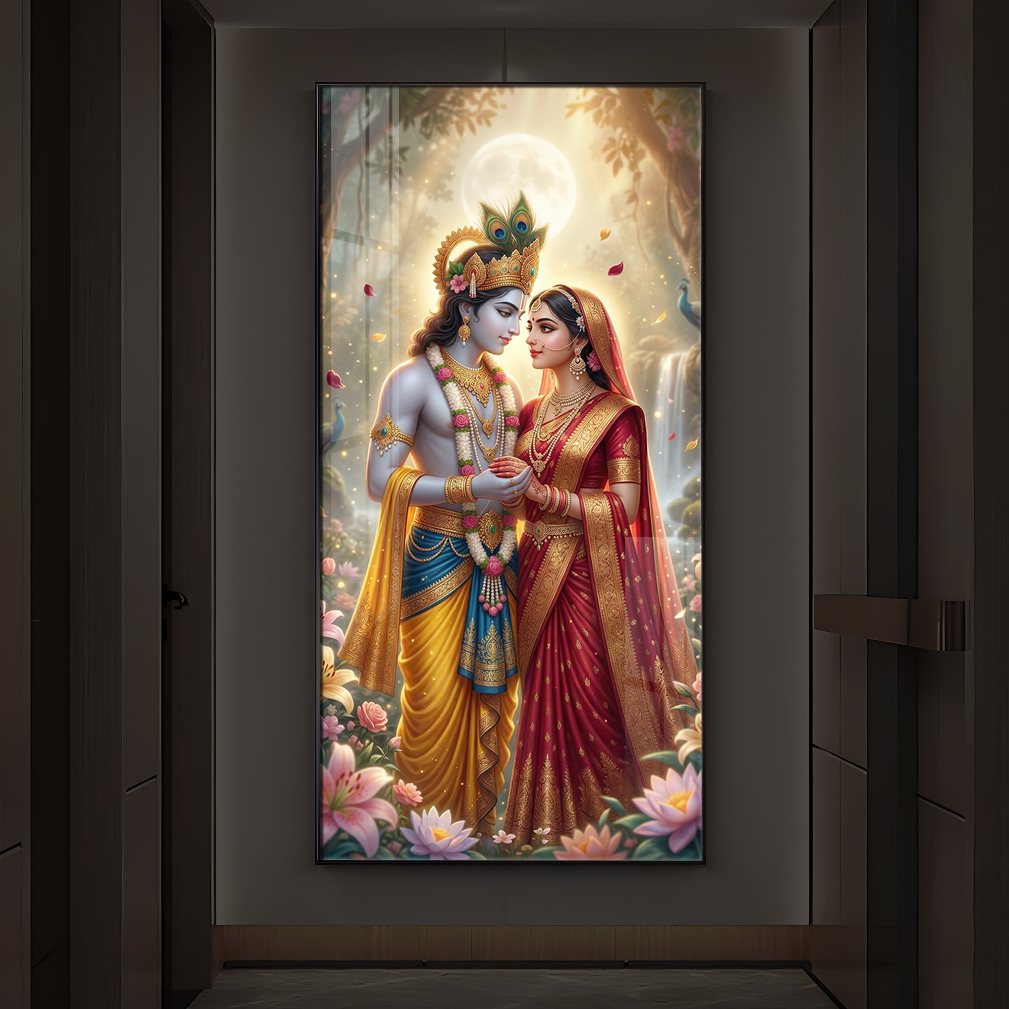 Loving Radha Krishna Ji Modern Luxury Backlight Vertical Wall Art