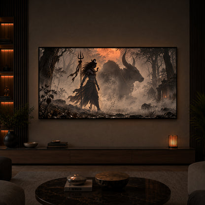 Shiva & Nandi In Forest Modern Luxury Backlight Horizontal Wall Art