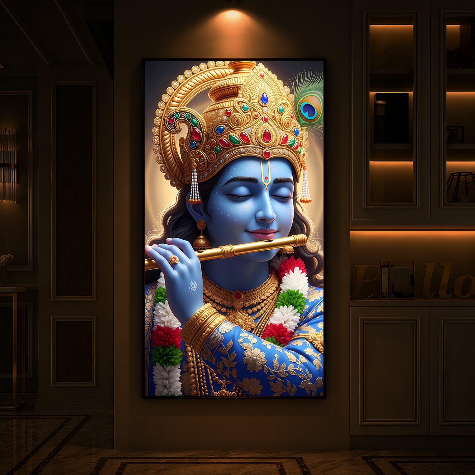 Lord Krishna Modern Luxury Backlight Vertical Wall Art