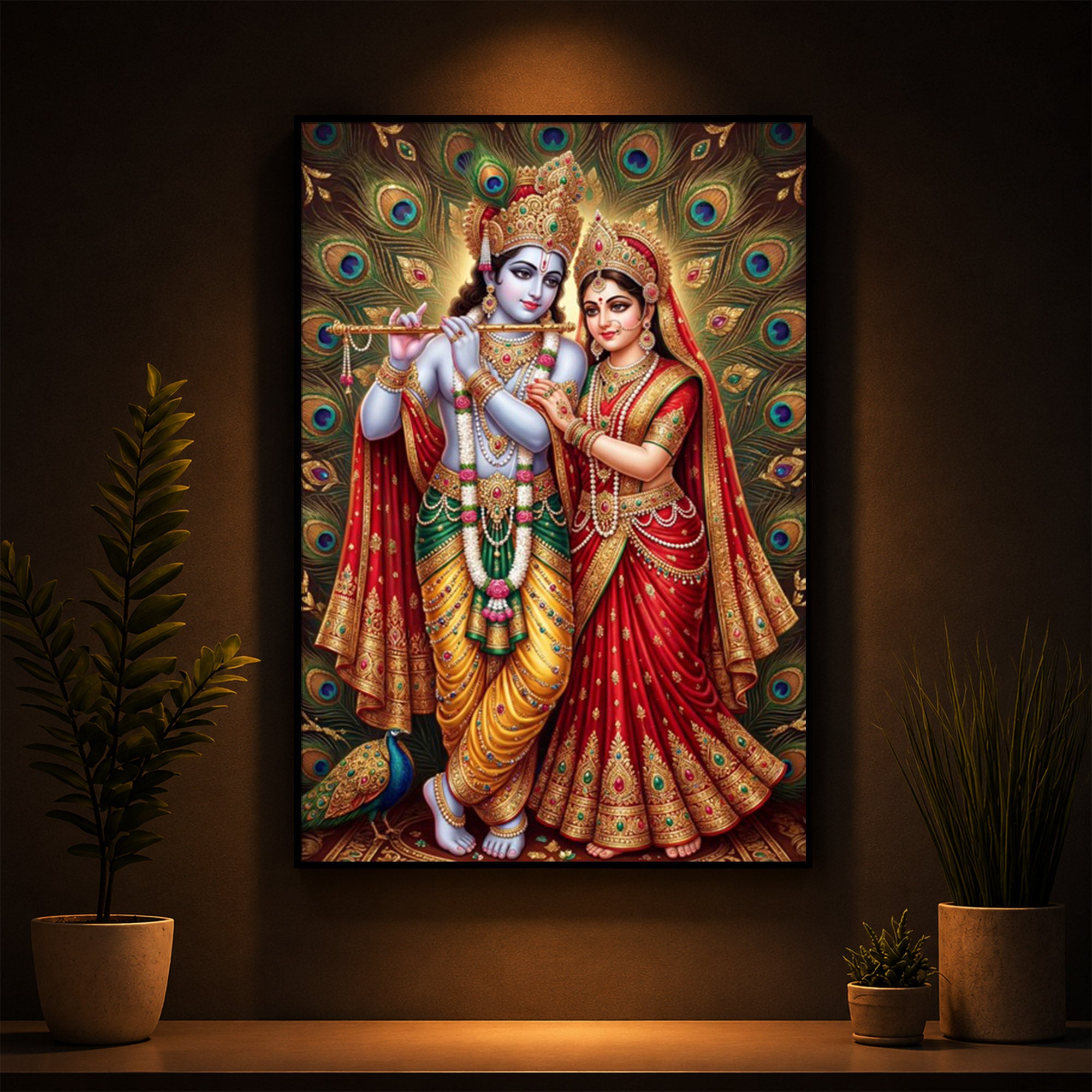 Radha Krishna Divine Bliss Modern Luxury Backlight Vertical Wall Art