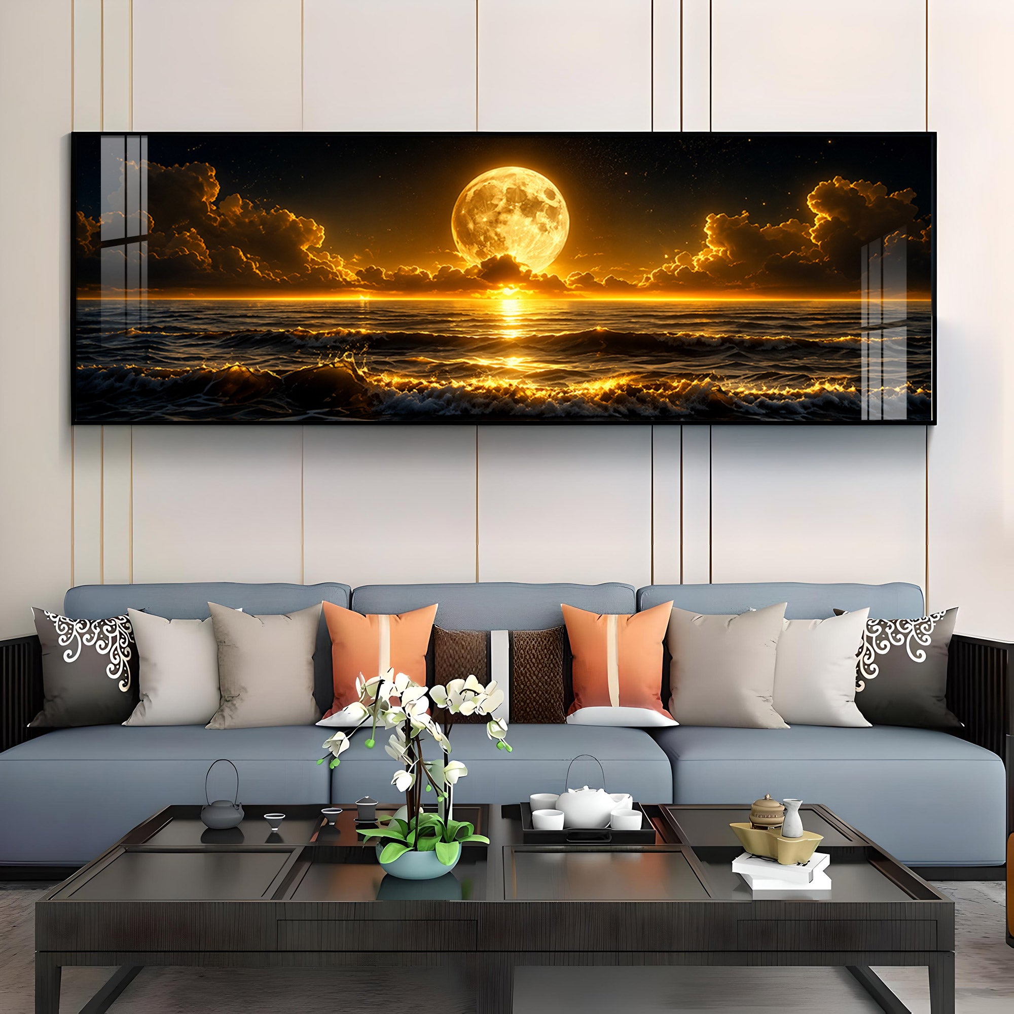 Golden Full Moon Ocean Clouds Premium Acrylic Horizontal Wall Art