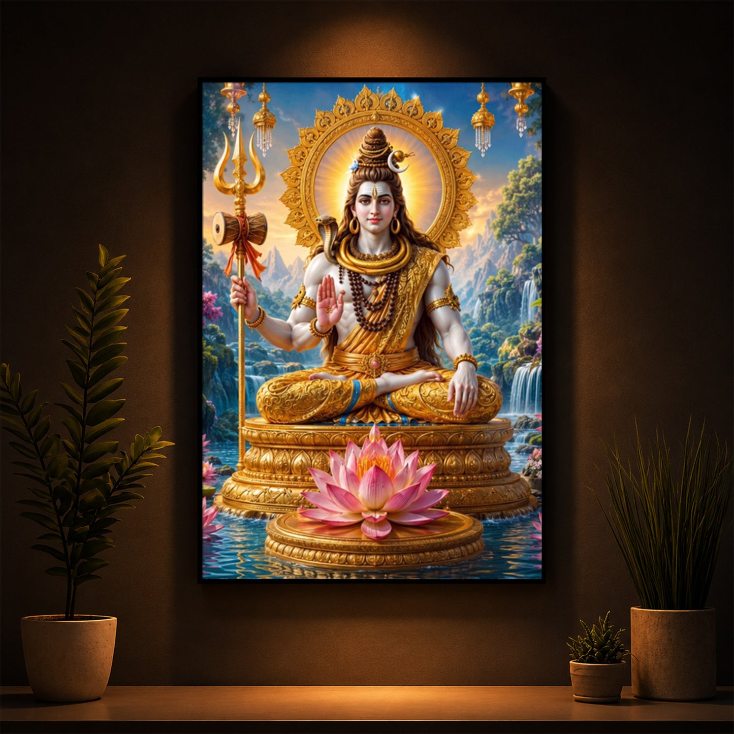 Lord Shiva Seated In Deep Meditation Modern Luxury Backlight Vertical Wall Art