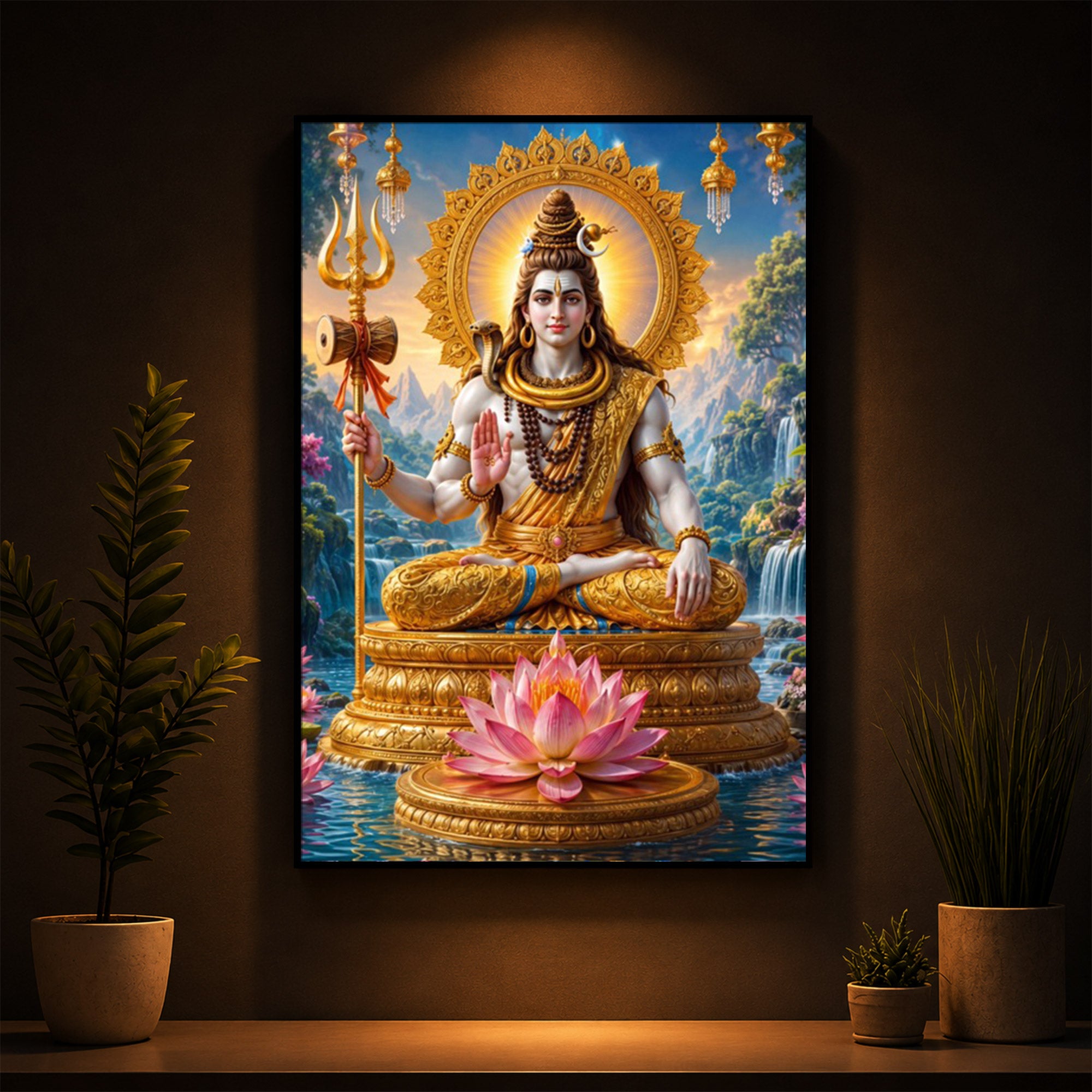 Lord Shiva Seated In Deep Meditation Modern Luxury Backlight Vertical Wall Art