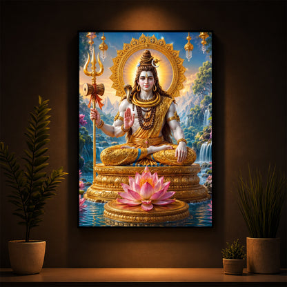 Lord Shiva Seated In Deep Meditation Modern Luxury Backlight Vertical Wall Art