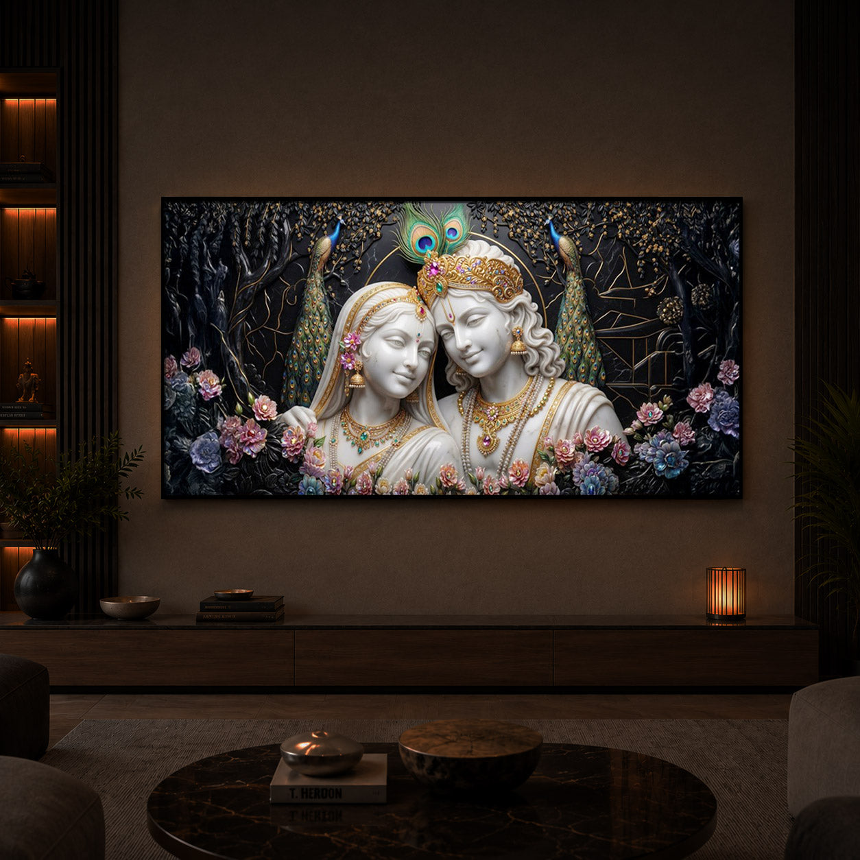 Beautiful Radha Krishna Modern Luxury Backlight Horizontal Wall Art