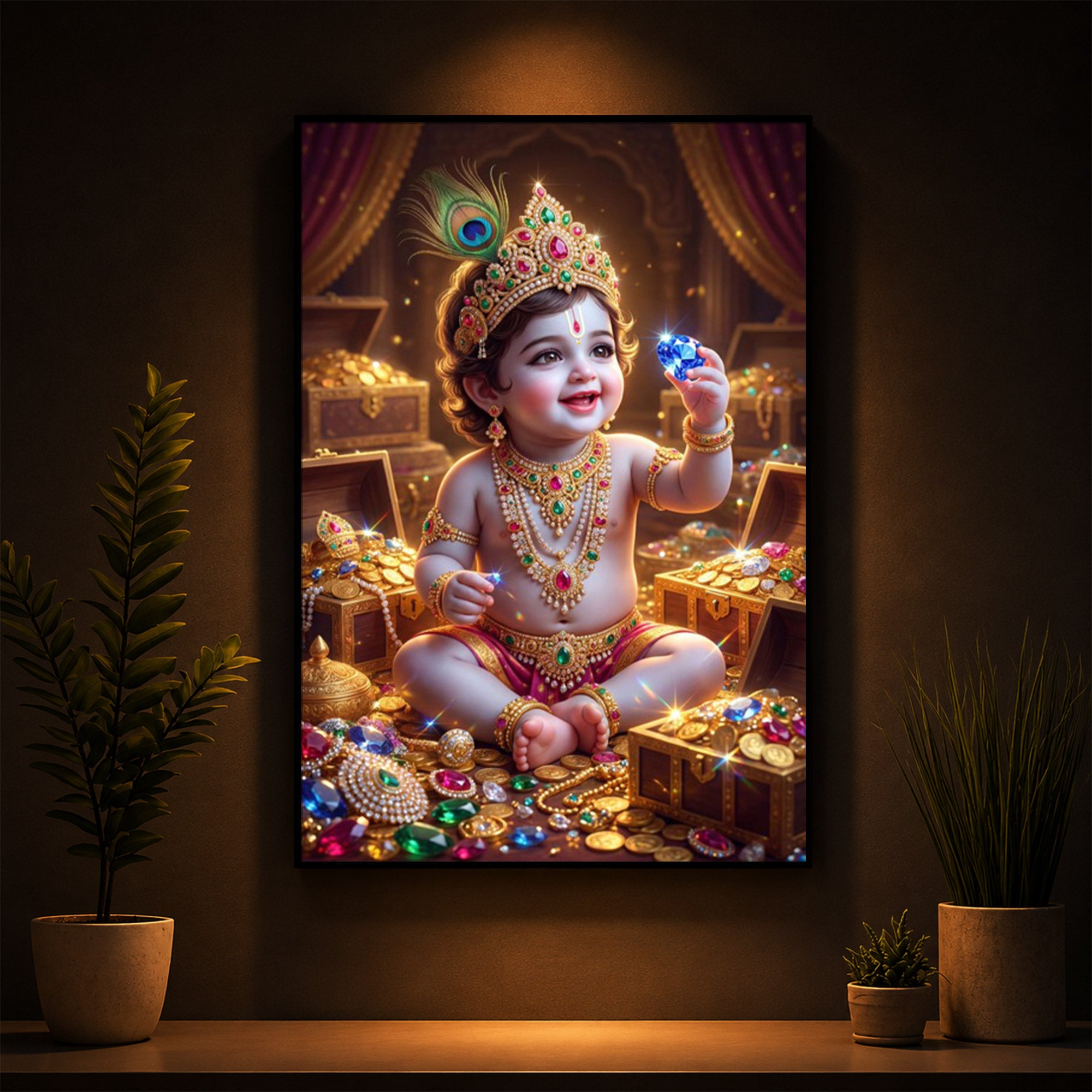Little Lord Krishna Ji Modern Luxury Backlight Vertical Wall Art