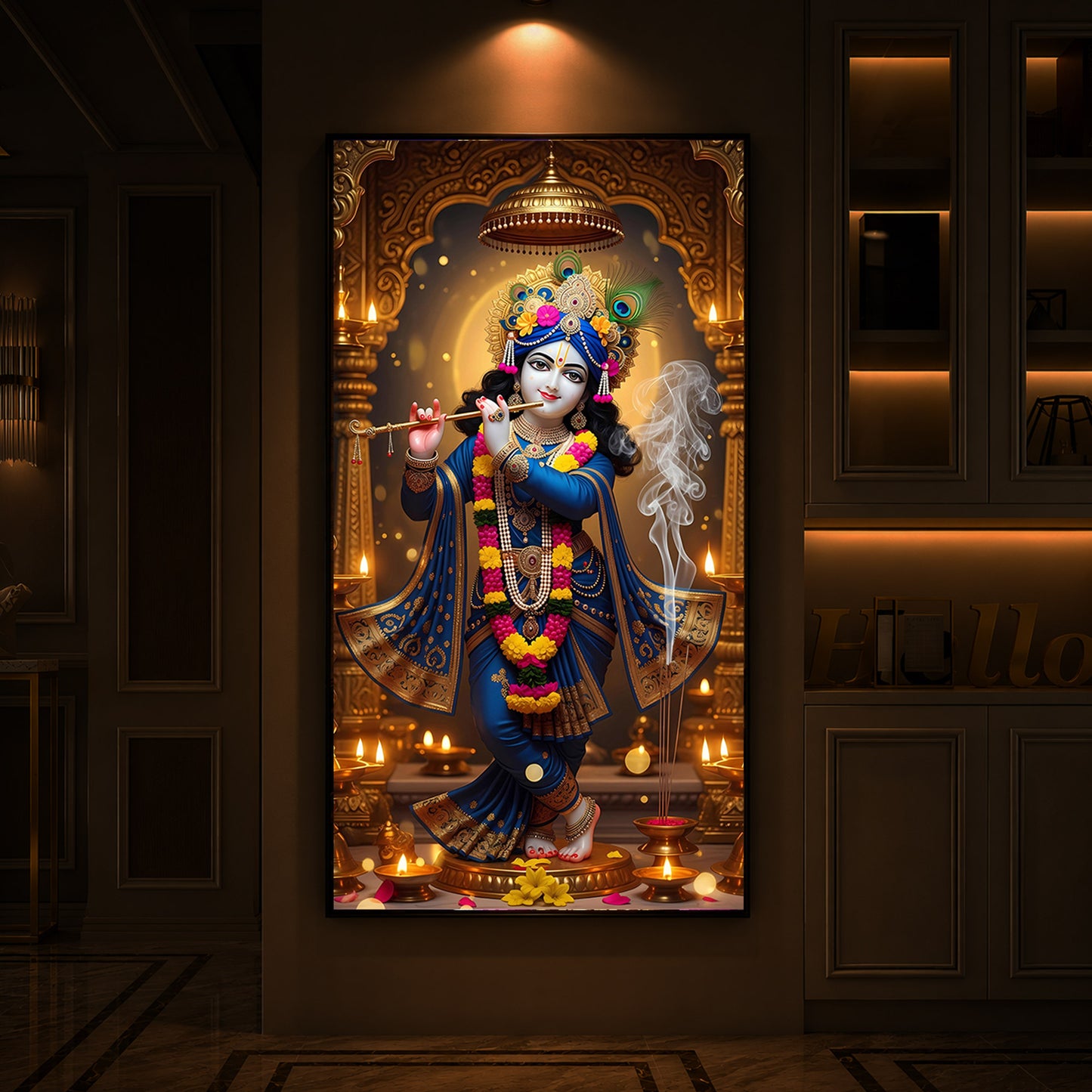 Lord Krishna Ji Modern Luxury Backlight Vertical Wall Art