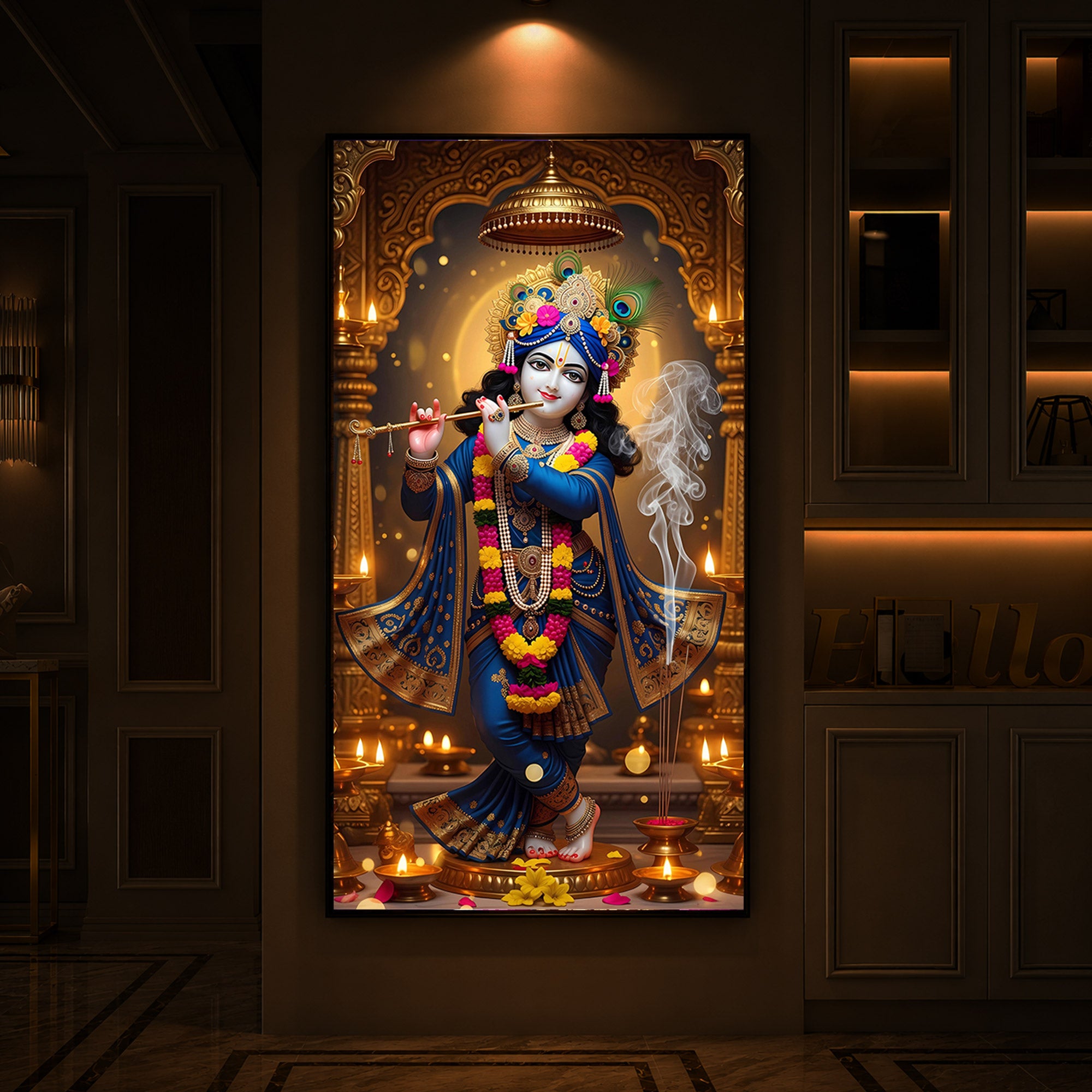 Lord Krishna Ji Modern Luxury Backlight Vertical Wall Art