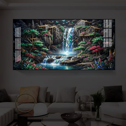 Lush Mountain Waterfall Modern Luxury Backlight Horizontal Wall Art