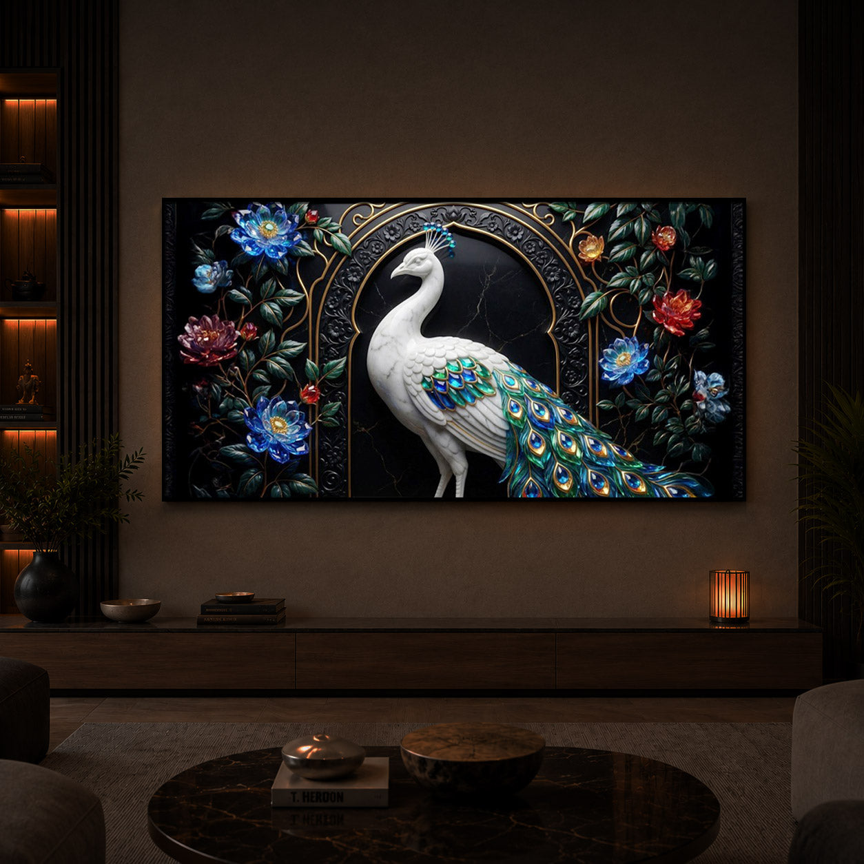 Majestic Peacock With Flower Modern Luxury Backlight Horizontal Wall Art
